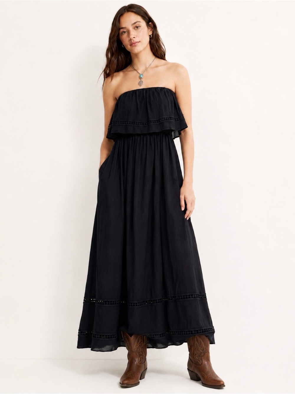 Woman Black Chiffon Ruffle Off Shoulder Neckline Peasant Boho Maxi Dress SMALL